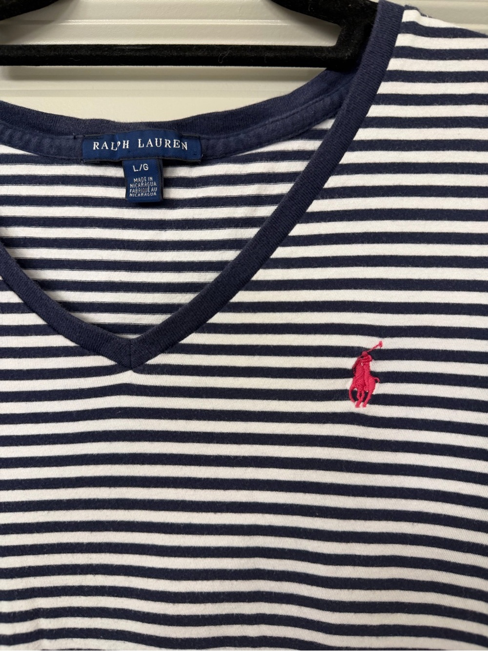 Ralph Lauren Navy and White Striped V-Neck Tee with Pink Pony Embroidery - Picture 2 of 3